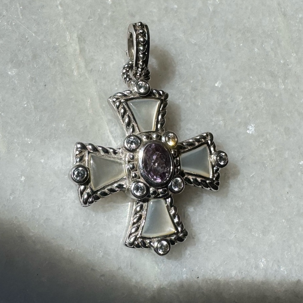 Judith Ripka Sterling Silver Mother Of Pearl & Amethyst Cross Enhancer Pendant - Picture 3 of 11